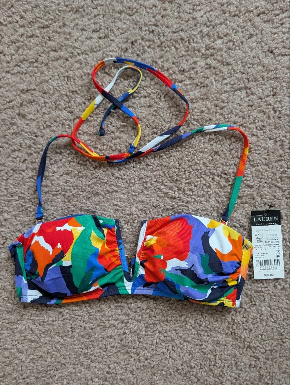 Lauren Ralph Lauren Womens Bold Abstract Floral V Wire Bandeau Bikini Top NWT 4